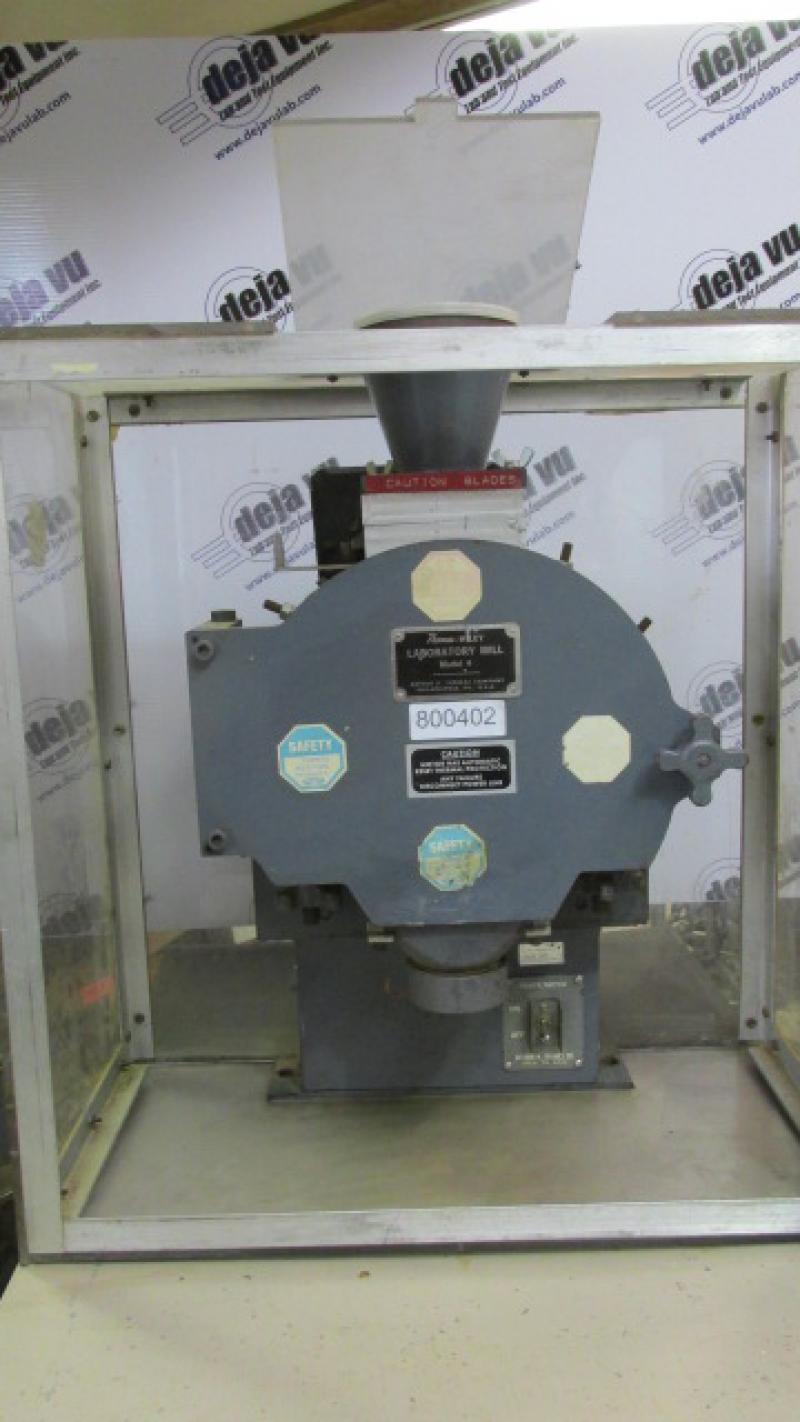 Wiley Mill - The Wiley No. 4 mill is an 800 RPM 115 or 230 volt mill with 4 knives, 7 3/4 inch diameter milling chamber (141 cubic inches), 2 1/4 inch diameter input. It handles 50-1000 gram sample size, all steel construction.