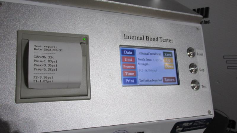 Internal Bond ZDT Tensile Tester - This ZDT tester conforms to TAPPI T-541 requirements. The test is broadly stated, a compression bond cycle, followed by a tensile test, performed automatically. It features touch screen technology and on board printing capability installed. Power requirement is  115 volt 60HZ, requires 60 psi clean compressed air supply. Size is 34 x 33 x52 cm, weight is 33 KG (73 pounds). Our normal unit features pound and inches data presentation, but we can supply special order in metric units also. Measurement range is 2-145 PSI at 1 % accuracy. Test area of platens is 1 sq. in. Test speed can be set 1-8 inches per minute, T-541 speed is 2.6 in/minute.