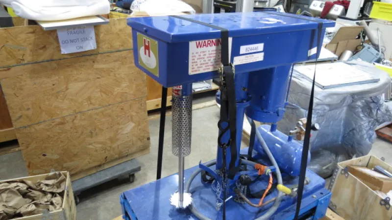 Hockmeyer Mixer - 2 HP drive, 4 inch impeller, air over hydraulic lift mechanism, makes this an easy to  operate machine. Size is 27x21x40 inches high. Variable speed drive controller included. 