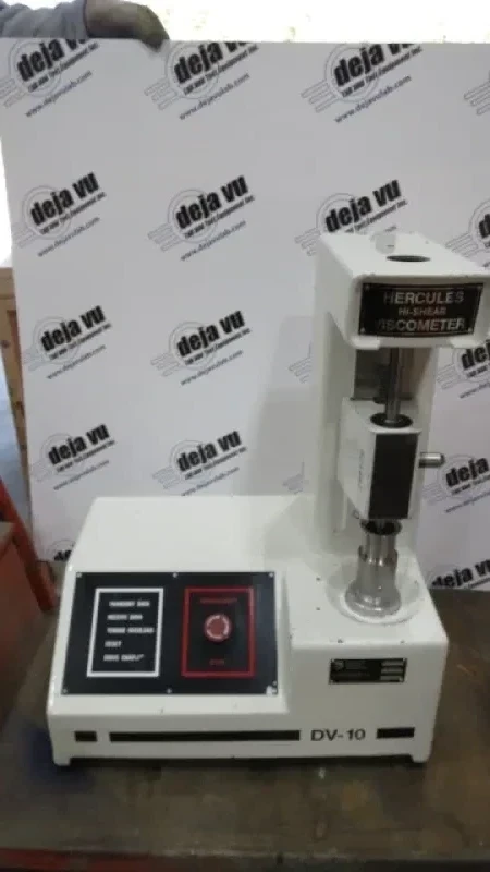 Hercules Hi Shear Viscometer Rheometer - This Hercules DV-10 highshear viscometer is an essential component of any coating lab. This instrument includes a full set of bobs (and box), all cabling with computer included. This is an easy to use instrument that determines viscocity of dispersions and coatings subjected to varying degrees of shear. Results and all controls (except E-Stop) are driven from and displayed on the separate computer.
